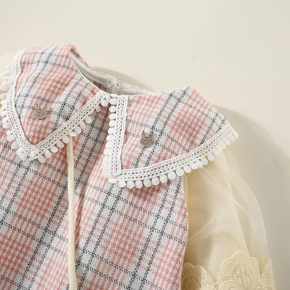 New Winter Baby Girls Dress Bubble Sleeve Lapel Plaid Pattern Fake Two + Diagonal Treasure Flower Sweet Princess Dress