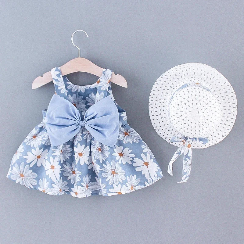 Baby Girls Floral Dress with Matching Sun Hat – Cotton Jersey Blend – 9 Months to 3 Years