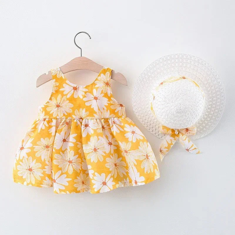 Baby Girls Floral Dress with Matching Sun Hat – Cotton Jersey Blend – 9 Months to 3 Years