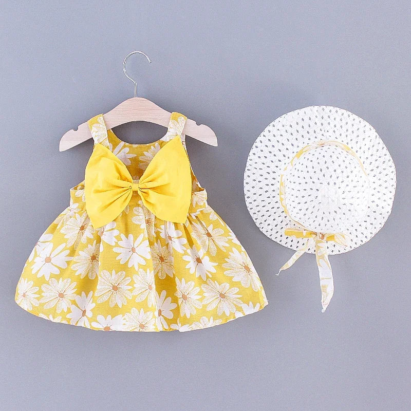 Baby Girls Floral Dress with Matching Sun Hat – Cotton Jersey Blend – 9 Months to 3 Years