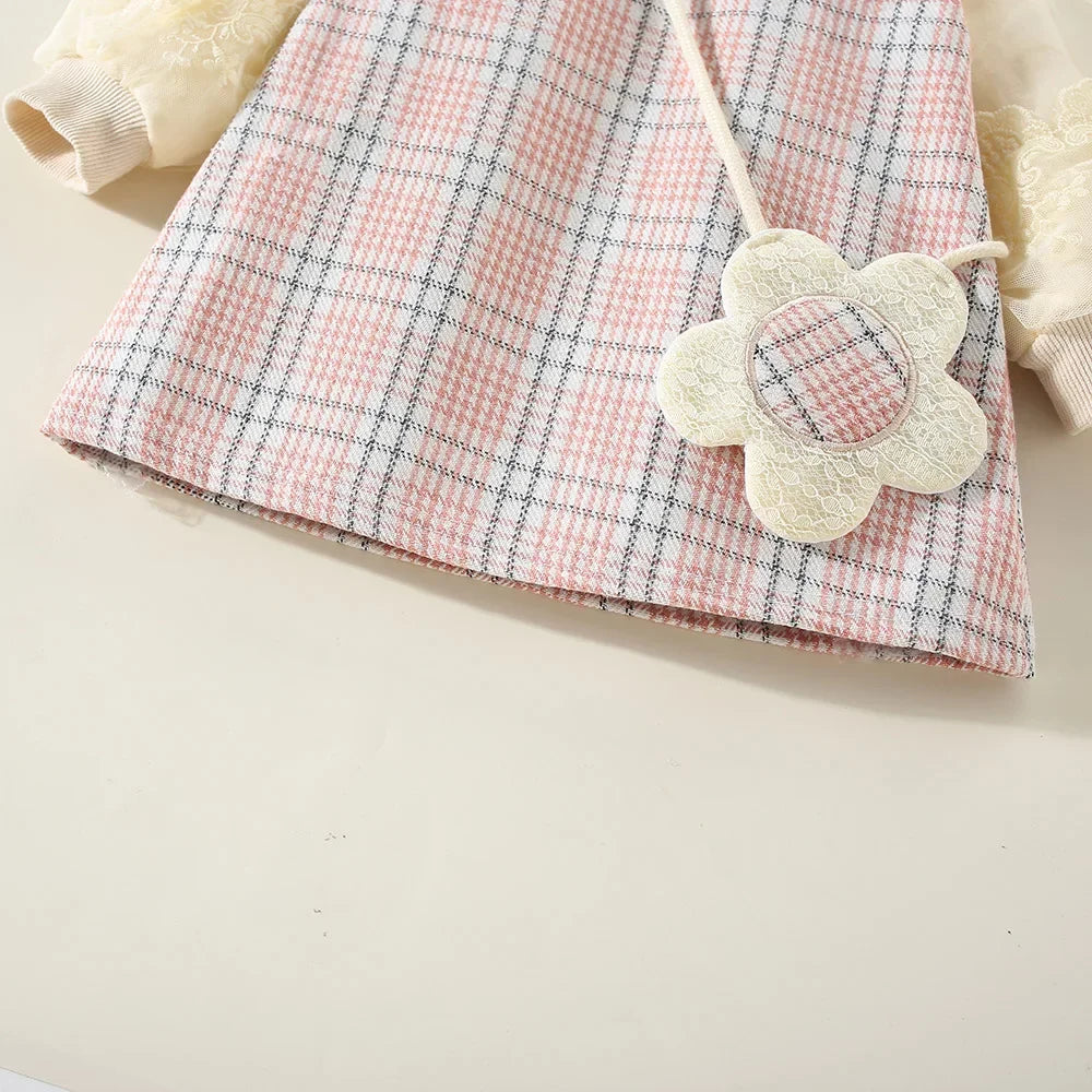New Winter Baby Girls Dress Bubble Sleeve Lapel Plaid Pattern Fake Two + Diagonal Treasure Flower Sweet Princess Dress