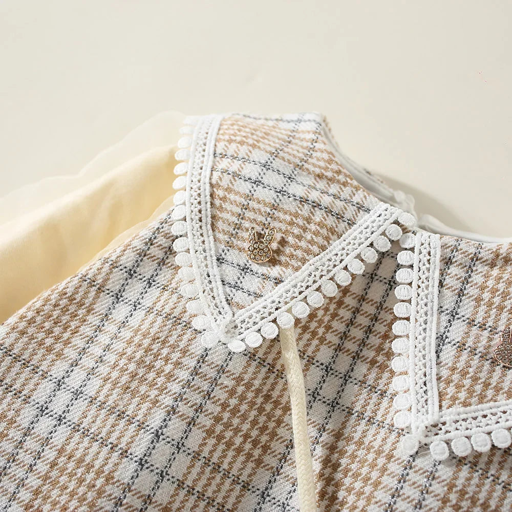 New Winter Baby Girls Dress Bubble Sleeve Lapel Plaid Pattern Fake Two + Diagonal Treasure Flower Sweet Princess Dress