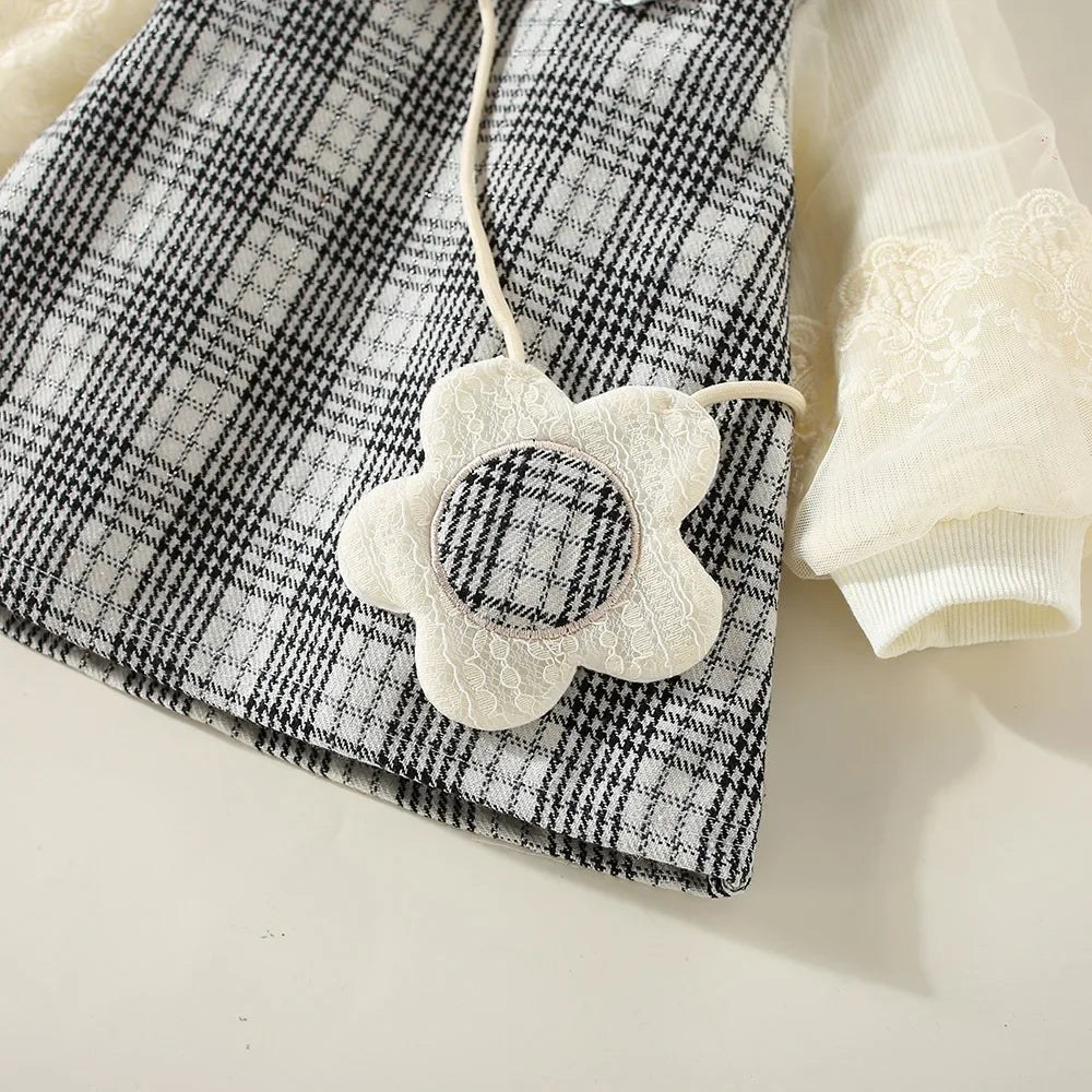 New Winter Baby Girls Dress Bubble Sleeve Lapel Plaid Pattern Fake Two + Diagonal Treasure Flower Sweet Princess Dress