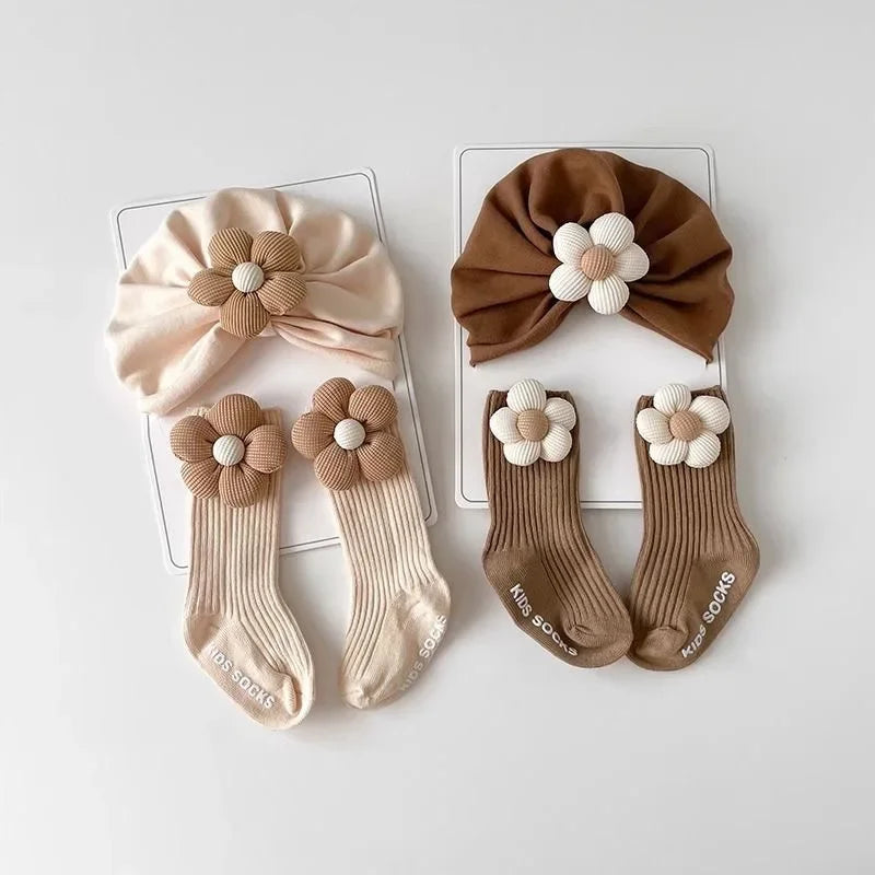 2Pcs/Set Sweet Flower Baby Turban Socks Newborn Elastic Indian Caps Soft Cotton Socks Kids Headscarf Hats