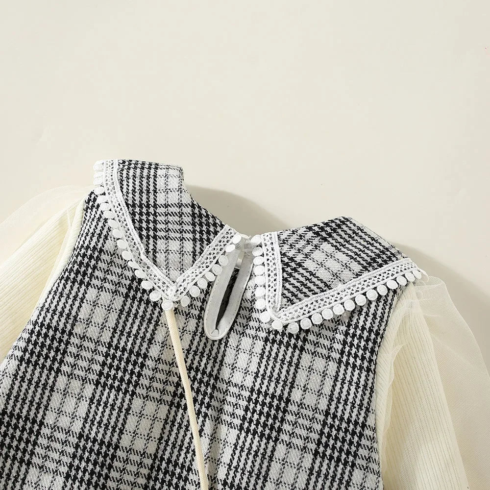 New Winter Baby Girls Dress Bubble Sleeve Lapel Plaid Pattern Fake Two + Diagonal Treasure Flower Sweet Princess Dress