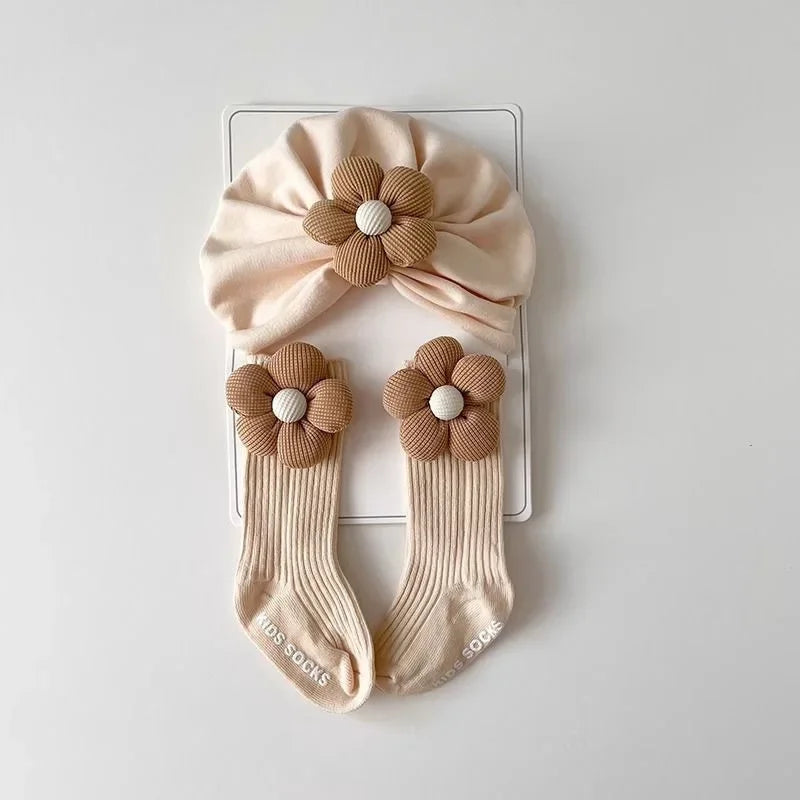 2Pcs/Set Sweet Flower Baby Turban Socks Newborn Elastic Indian Caps Soft Cotton Socks Kids Headscarf Hats