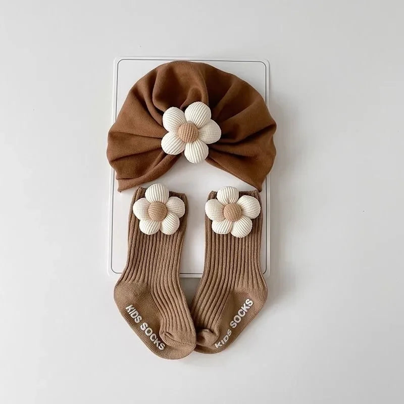 2Pcs/Set Sweet Flower Baby Turban Socks Newborn Elastic Indian Caps Soft Cotton Socks Kids Headscarf Hats