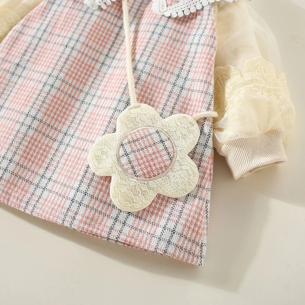 New Winter Baby Girls Dress Bubble Sleeve Lapel Plaid Pattern Fake Two + Diagonal Treasure Flower Sweet Princess Dress
