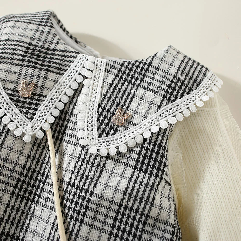 New Winter Baby Girls Dress Bubble Sleeve Lapel Plaid Pattern Fake Two + Diagonal Treasure Flower Sweet Princess Dress