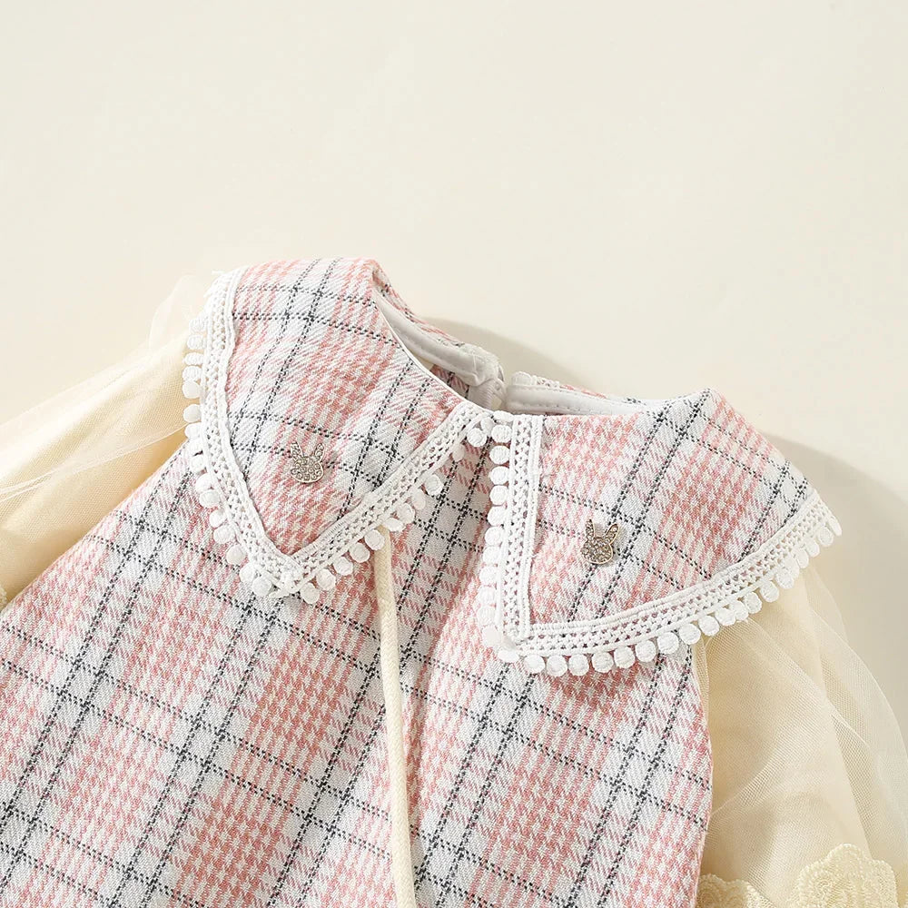 New Winter Baby Girls Dress Bubble Sleeve Lapel Plaid Pattern Fake Two + Diagonal Treasure Flower Sweet Princess Dress
