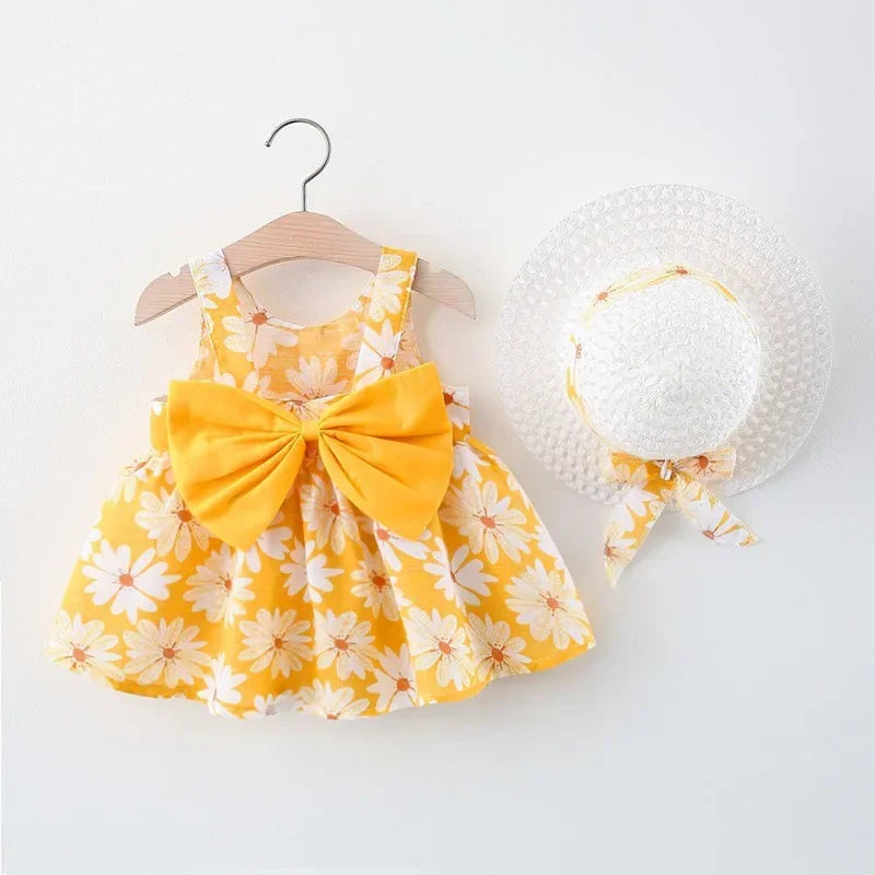 Baby Girls Floral Dress with Matching Sun Hat – Cotton Jersey Blend – 9 Months to 3 Years
