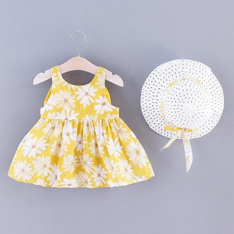 Baby Girls Floral Dress with Matching Sun Hat – Cotton Jersey Blend – 9 Months to 3 Years