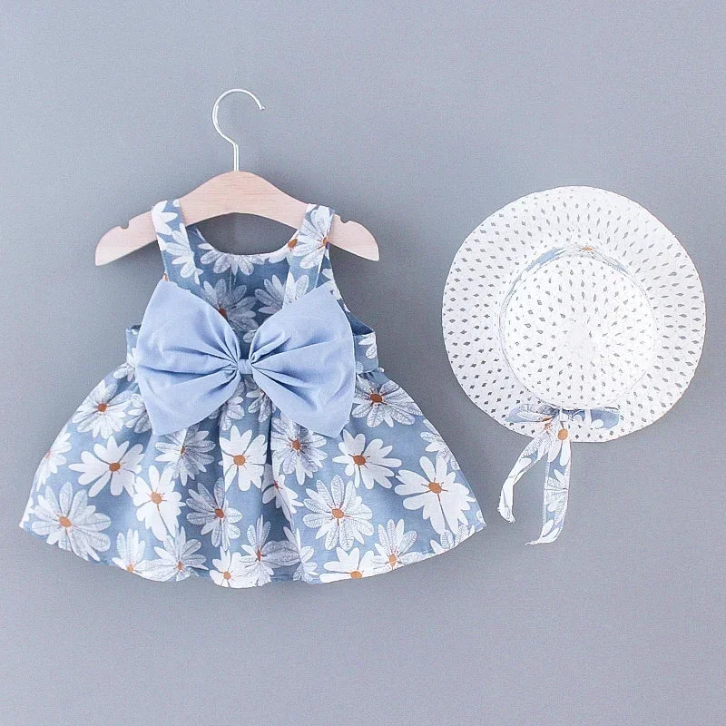 Baby Girls Floral Dress with Matching Sun Hat – Cotton Jersey Blend – 9 Months to 3 Years