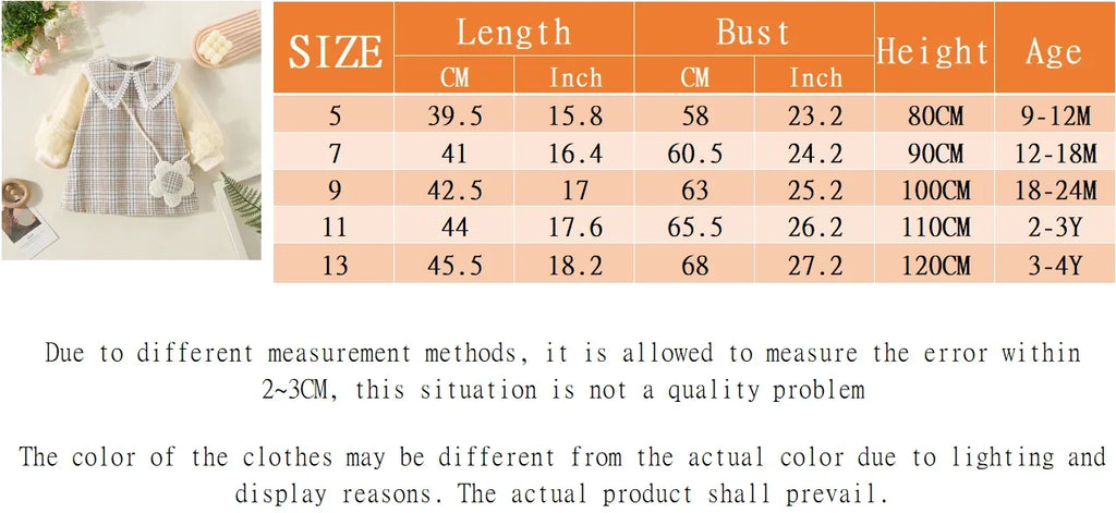 New Winter Baby Girls Dress Bubble Sleeve Lapel Plaid Pattern Fake Two + Diagonal Treasure Flower Sweet Princess Dress