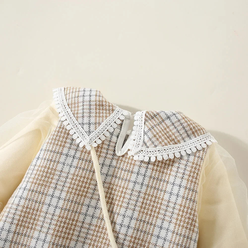 New Winter Baby Girls Dress Bubble Sleeve Lapel Plaid Pattern Fake Two + Diagonal Treasure Flower Sweet Princess Dress