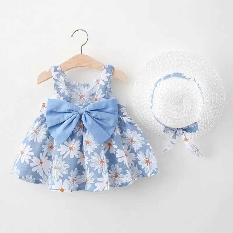 Baby Girls Floral Dress with Matching Sun Hat – Cotton Jersey Blend – 9 Months to 3 Years