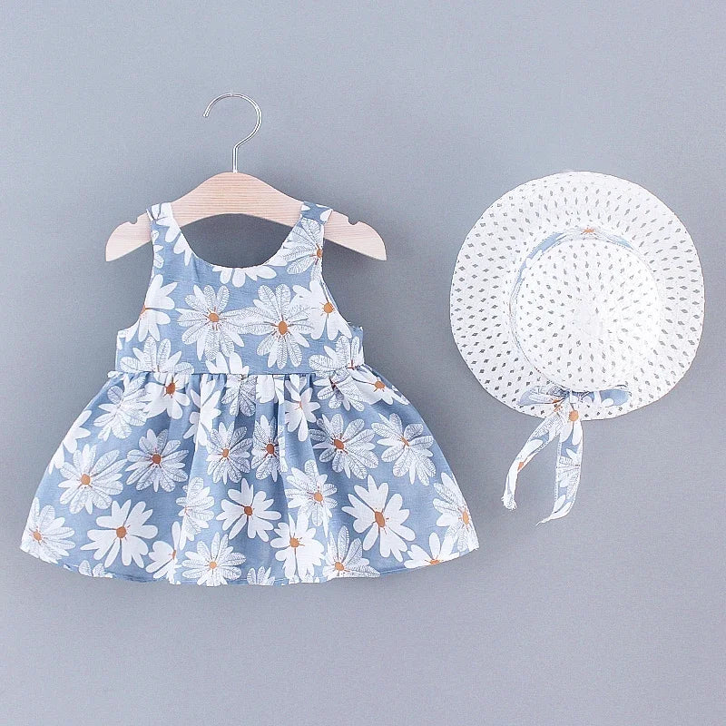 Baby Girls Floral Dress with Matching Sun Hat – Cotton Jersey Blend – 9 Months to 3 Years