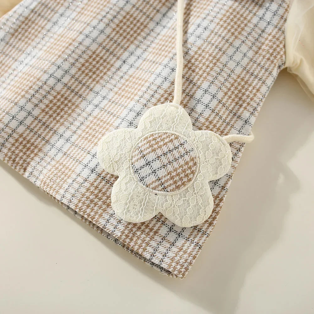 New Winter Baby Girls Dress Bubble Sleeve Lapel Plaid Pattern Fake Two + Diagonal Treasure Flower Sweet Princess Dress