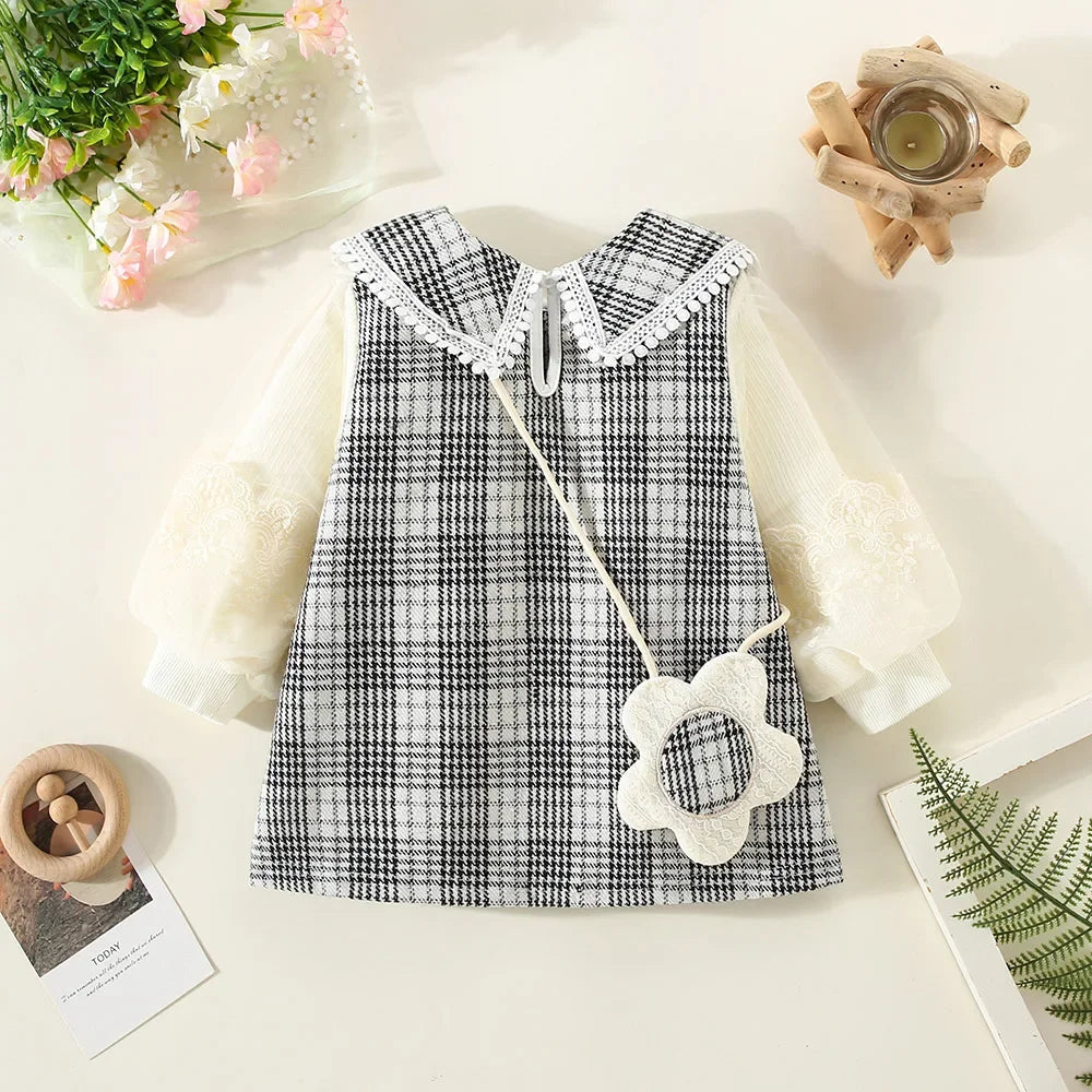 New Winter Baby Girls Dress Bubble Sleeve Lapel Plaid Pattern Fake Two + Diagonal Treasure Flower Sweet Princess Dress