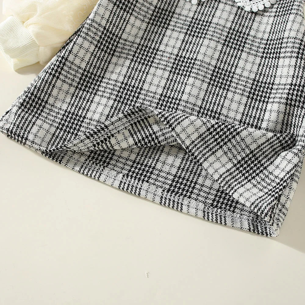 New Winter Baby Girls Dress Bubble Sleeve Lapel Plaid Pattern Fake Two + Diagonal Treasure Flower Sweet Princess Dress