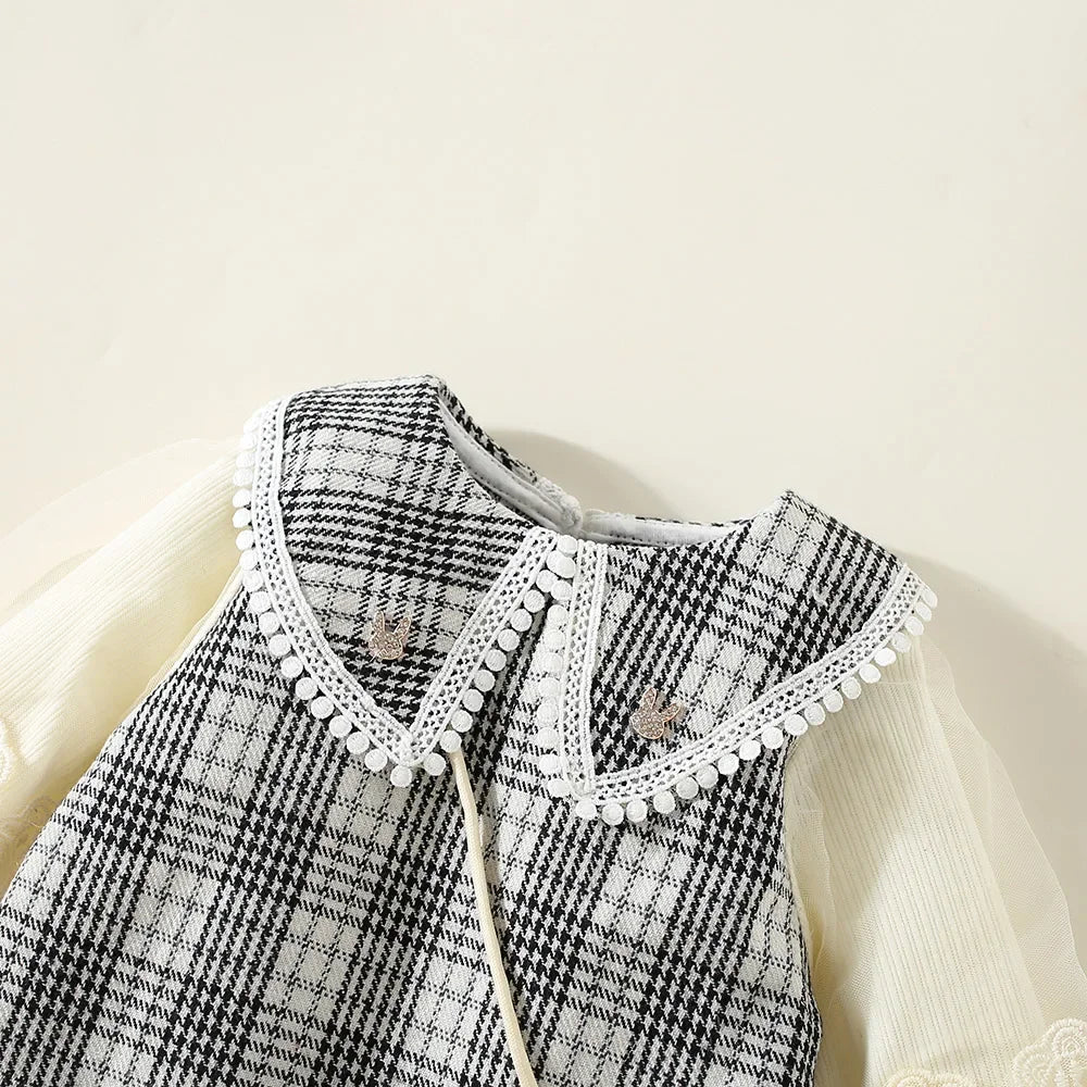 New Winter Baby Girls Dress Bubble Sleeve Lapel Plaid Pattern Fake Two + Diagonal Treasure Flower Sweet Princess Dress
