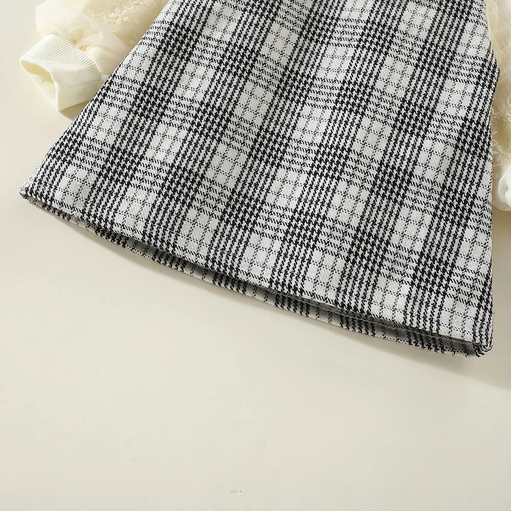 New Winter Baby Girls Dress Bubble Sleeve Lapel Plaid Pattern Fake Two + Diagonal Treasure Flower Sweet Princess Dress